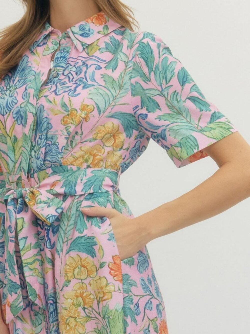 NWT Entro Pink Floral Puff Sleeve Midi Dress with Tie Waist - Picture 10 of 10